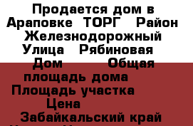 Продается дом в Араповке. ТОРГ › Район ­ Железнодорожный › Улица ­ Рябиновая › Дом ­ --- › Общая площадь дома ­ 72 › Площадь участка ­ 894 › Цена ­ 850 000 - Забайкальский край, Чита г. Недвижимость » Дома, коттеджи, дачи продажа   